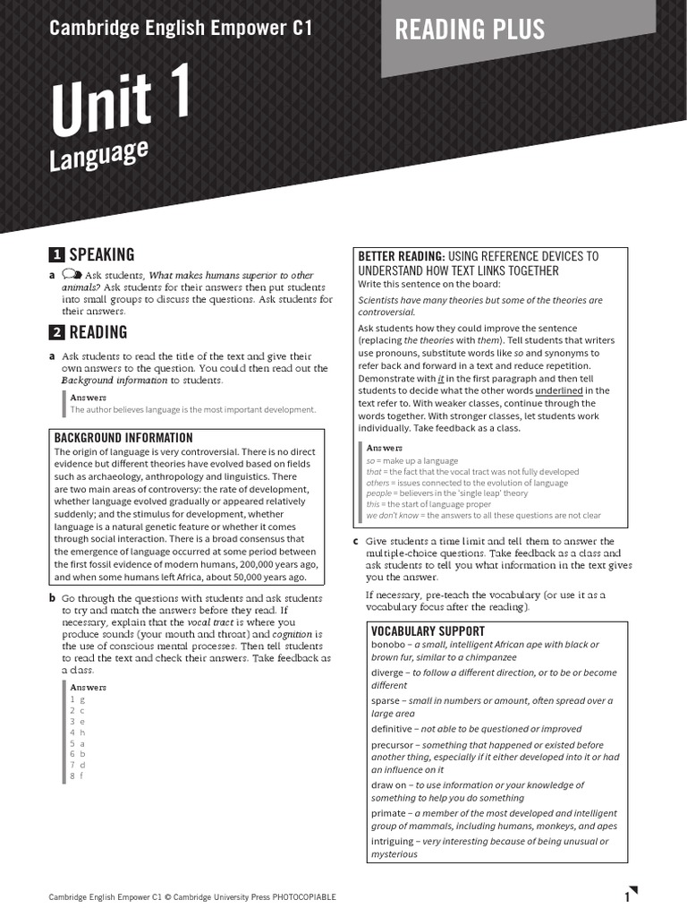 Cambridge English Empower Empower C1 Reading Plus Teacher U01 Worksheet ...