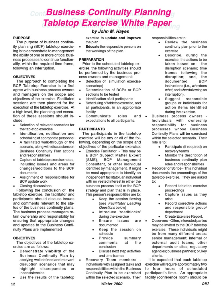BCP TableTop Exercise Whitepaper PDF PDF Facilitator Business Process