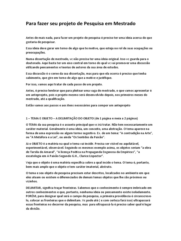 Para Fazer Seu Projeto de Pesquisa em Mestrado | PDF | Método ...