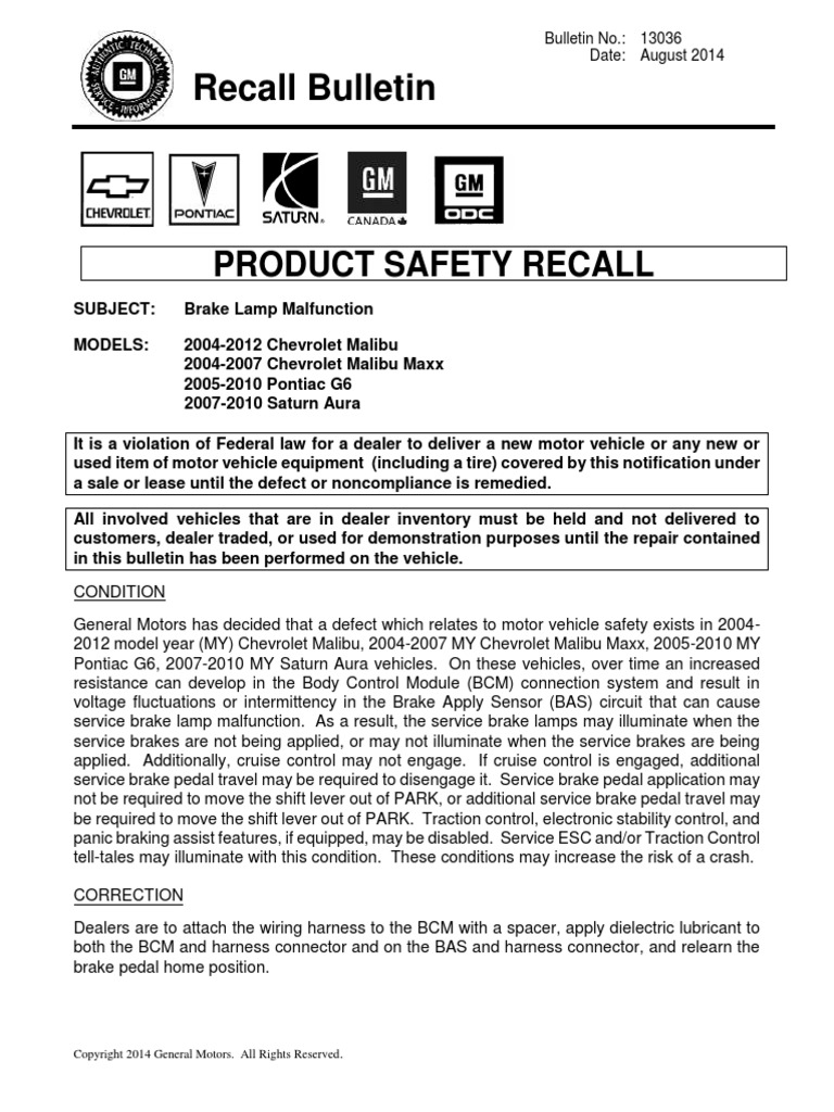 MALIBU 2010 Brake Light TSB PDF General Motors Vehicles