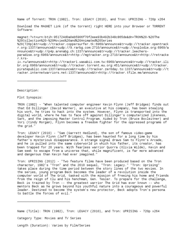 TRON - 1982 Film, Legacy, and Uprising - 720p x264 | PDF | Computing And  Information Technology | Leisure