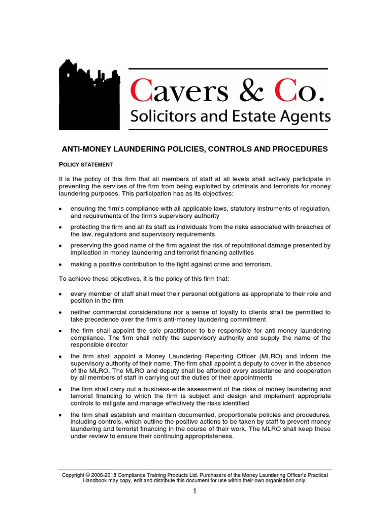 Aml Policy V1 0 Money Laundering Regulatory Compliance
