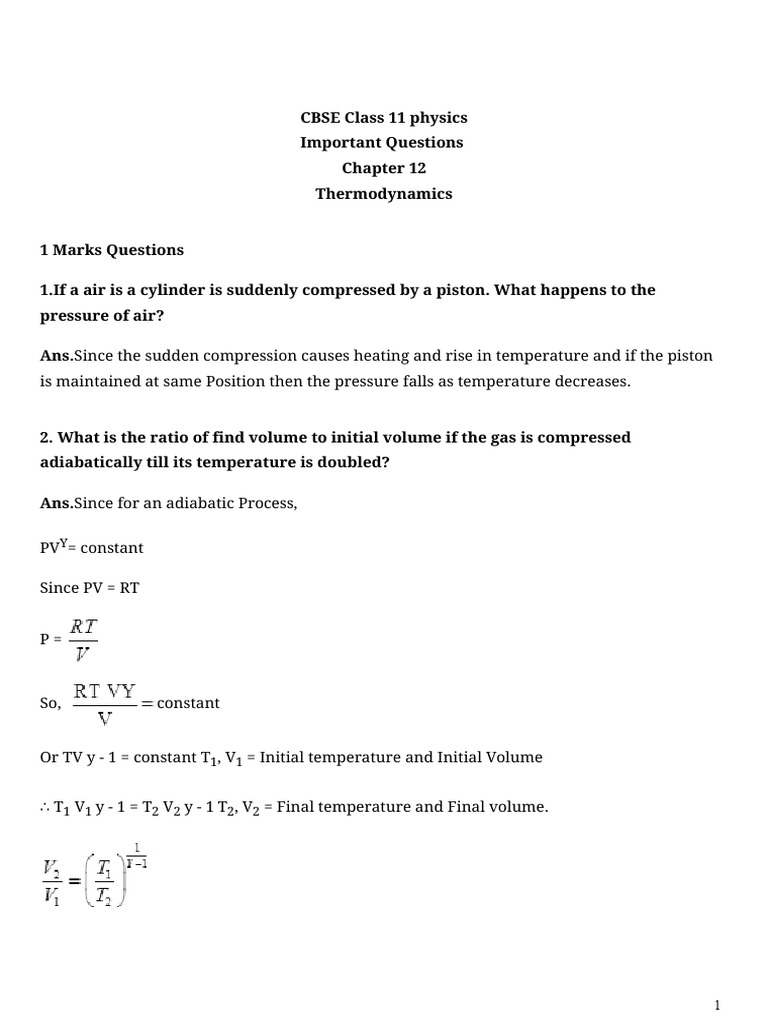 Class 11 Thermodynamics Key Questions | PDF | Heat | Temperature