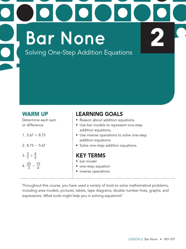 Lesson 2 Bar None Equations Unit PDF Numbers Equations