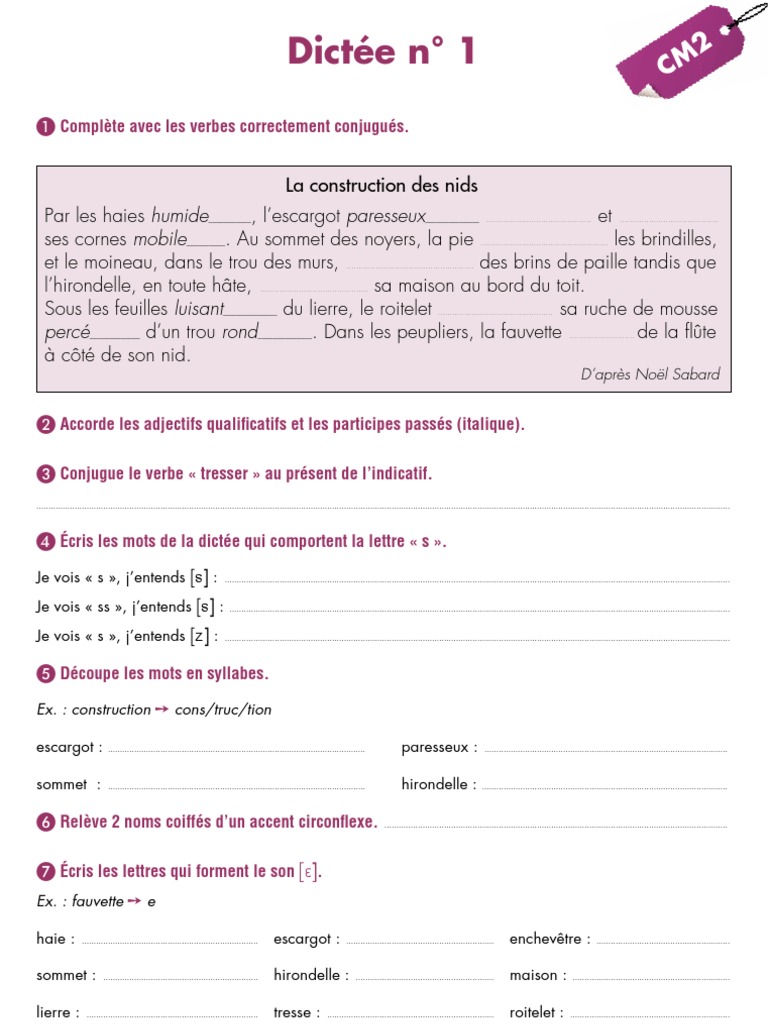 Dictée Présent De L indicatif 6ème Dictee CM2 Sept | PDF | Nombre grammatical | Genre grammatical