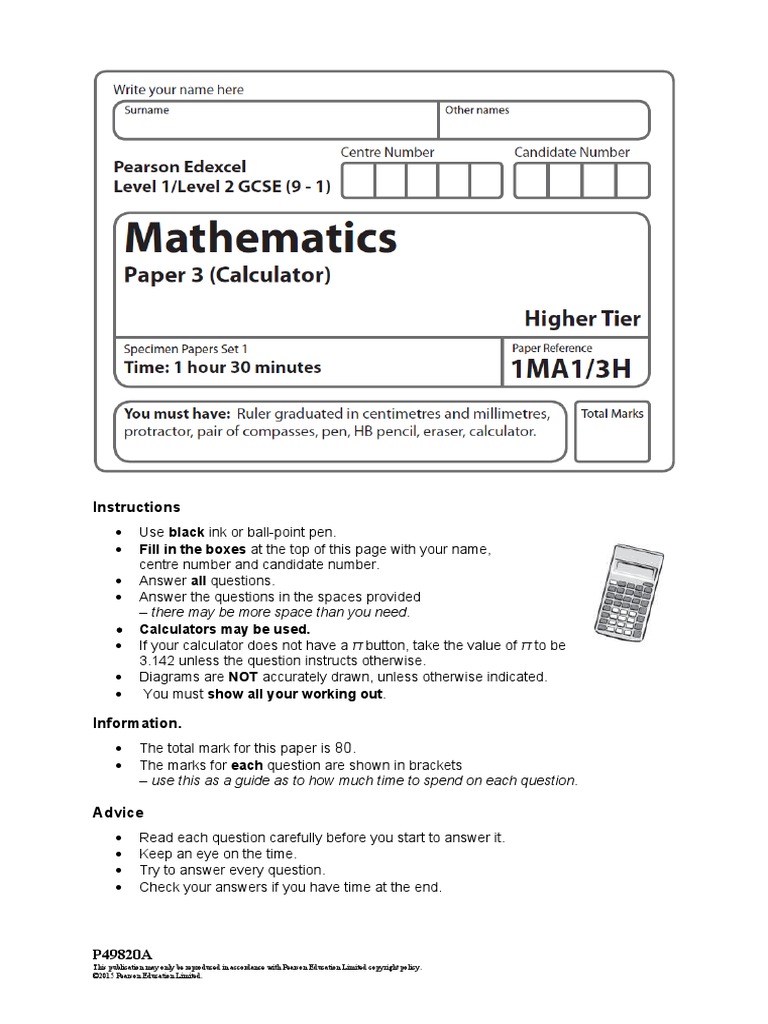 1MA1 Spec Set 1 Paper 3H QP | PDF | Teaching Mathematics