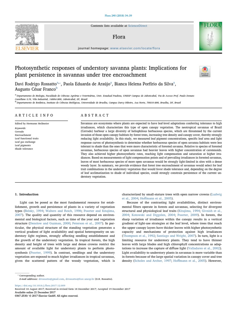 1 Photosynthetic Responses of Understory Savanna Plants Implications For Plant Persistence in