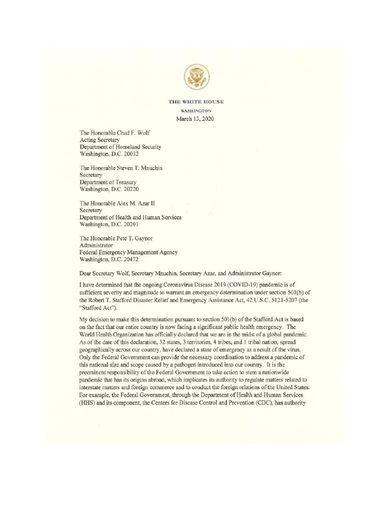 Read: Trump Letter Declaring Coronavirus National Emergency Under ...
