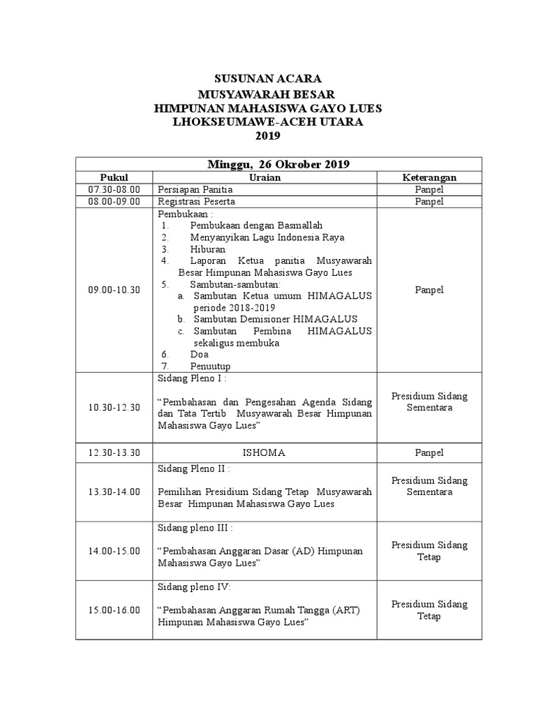 Susunan Acara Mubes HIMAGALUS 2019 | PDF | Kajian Bahasa Asing