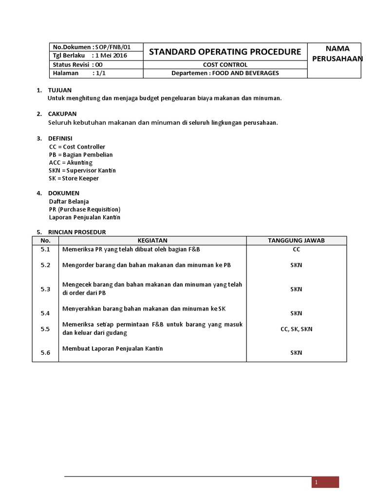 Prosedur Pengendalian Biaya F&B | PDF