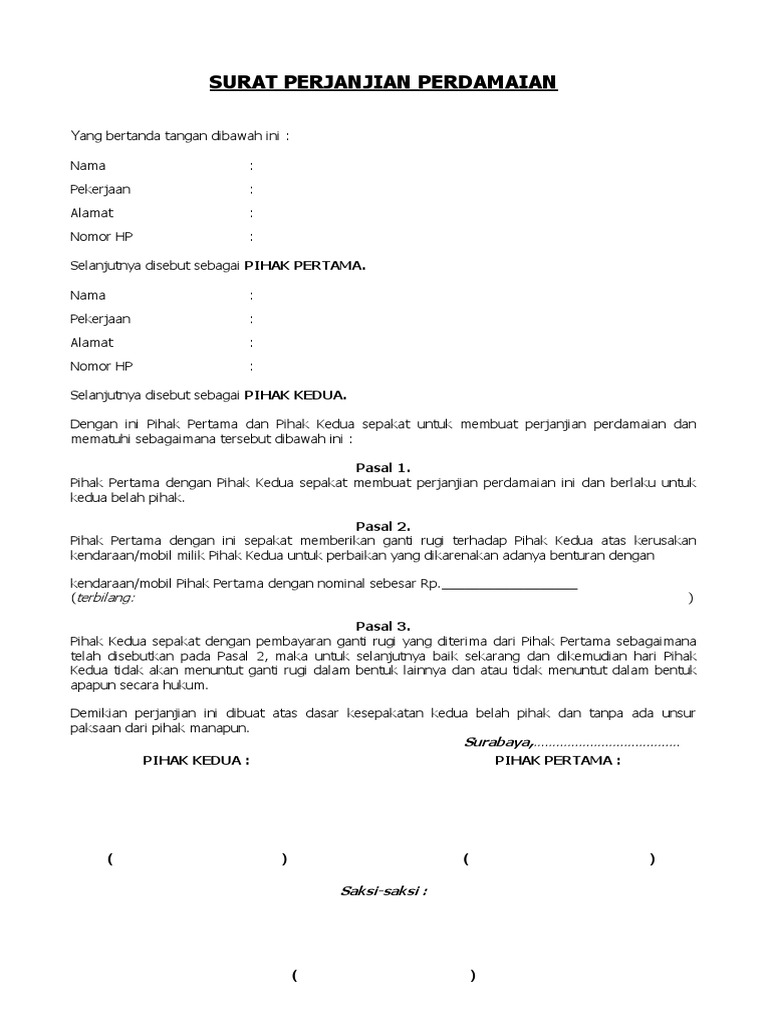 Surat Perjanjian Perdamaian Insiden Mobil Yang Tertabrak