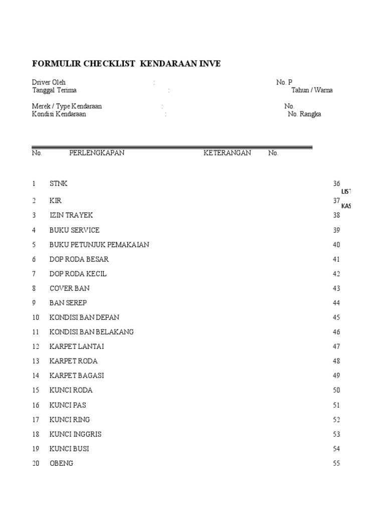 Form Checklist Kendaraan Roda 4 | PDF
