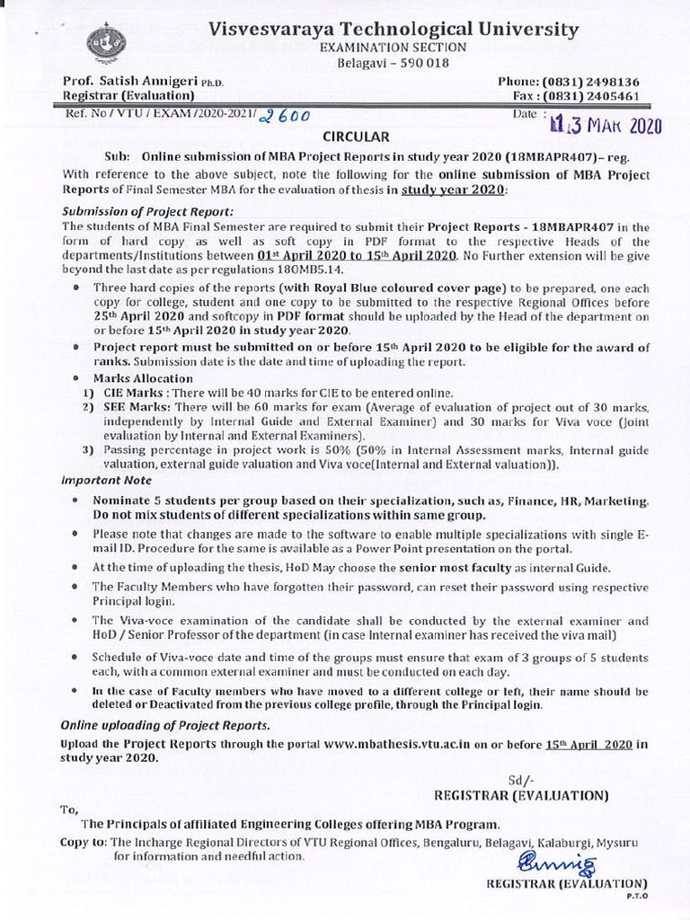 Circular For Submission of MBA-MCA - M.Tech Project Reports PDF | PDF
