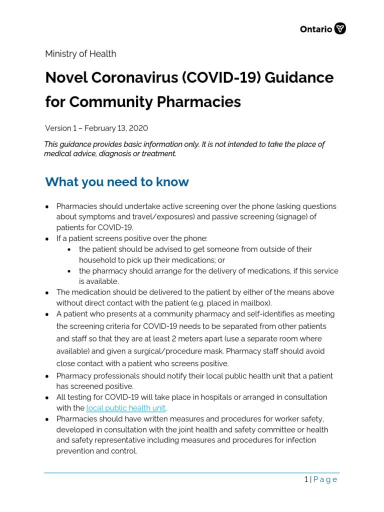 2019 Pharmacies Guidance Infection Public Health