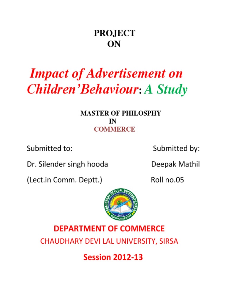 A Study On Impact of Advertisement On Children Behaviour A Case Study ...