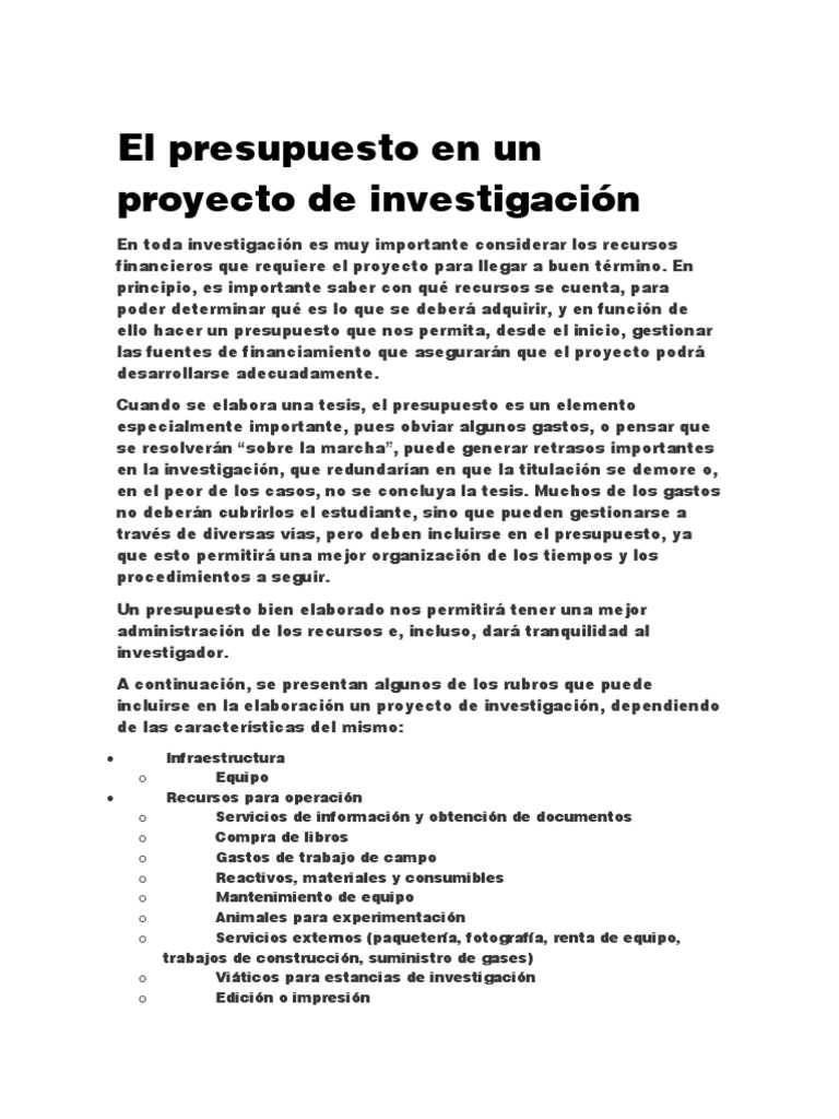 Presupuesto para Proyecto de Investigación | PDF | Presupuesto | Economias