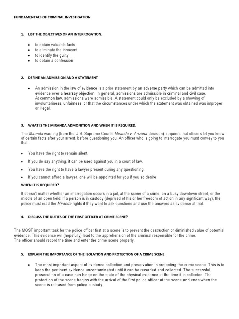 Criminal Investigation Essentials Guide | PDF | Miranda Warning | Crime ...