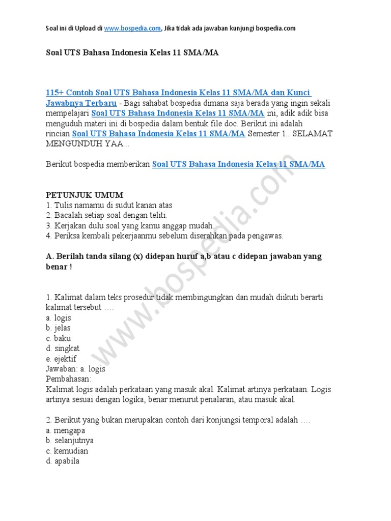 115 Contoh Soal Uts Bahasa Indonesia Kelas 11 Sma Ma Dan Kunci Jawabnya Docx