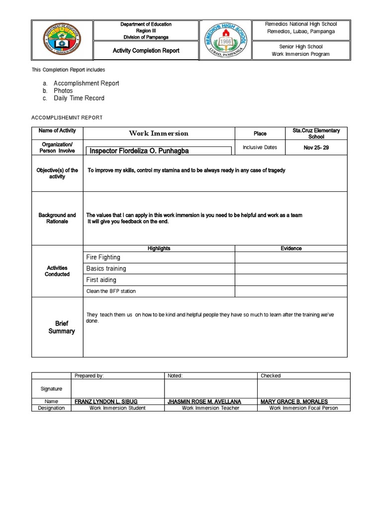 Work Immersion Program Report | PDF | Teaching | Cognition