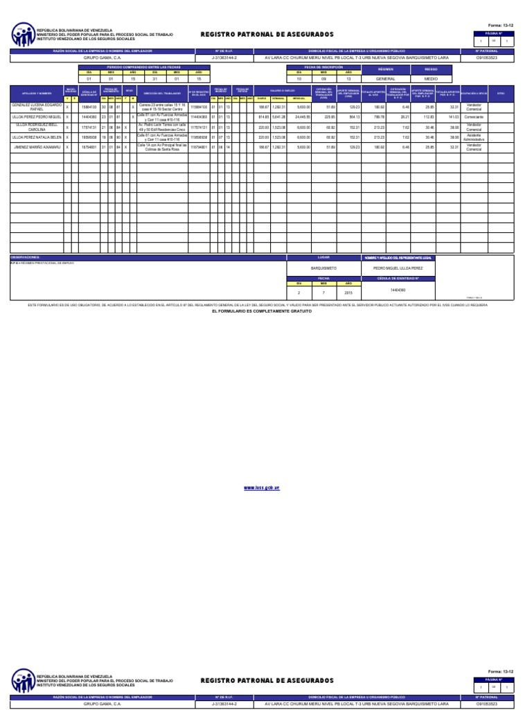 Registro Patronal IVSS: Forma 13-12 | PDF | Venezuela | Gobierno