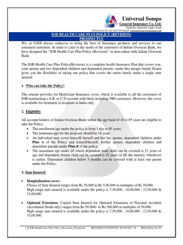 IOB Health Care Plus Policy Overview | PDF | Insurance | Hospital