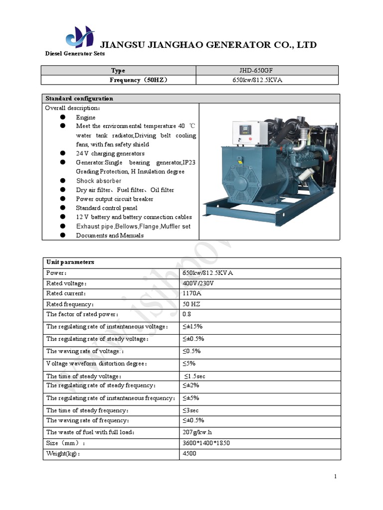650 KVA Doosan Diesel Generator Specs | PDF | Diesel Engine | Electric ...