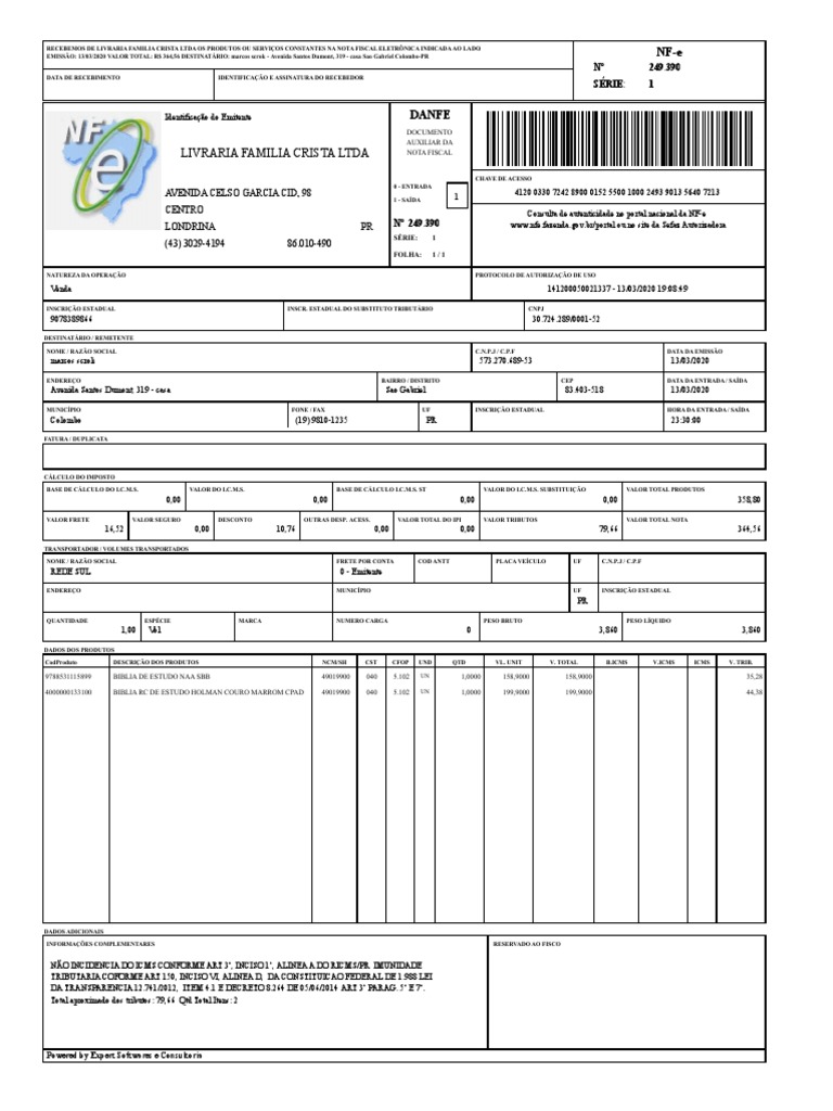 Danfe - NFe - Livraria Família Cristã | PDF | Recibo | Documento