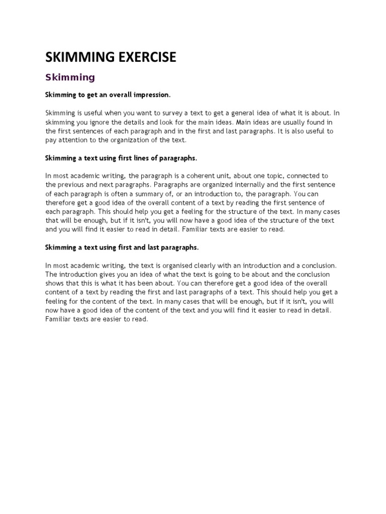 Skimming Exercise PDF Paragraph
