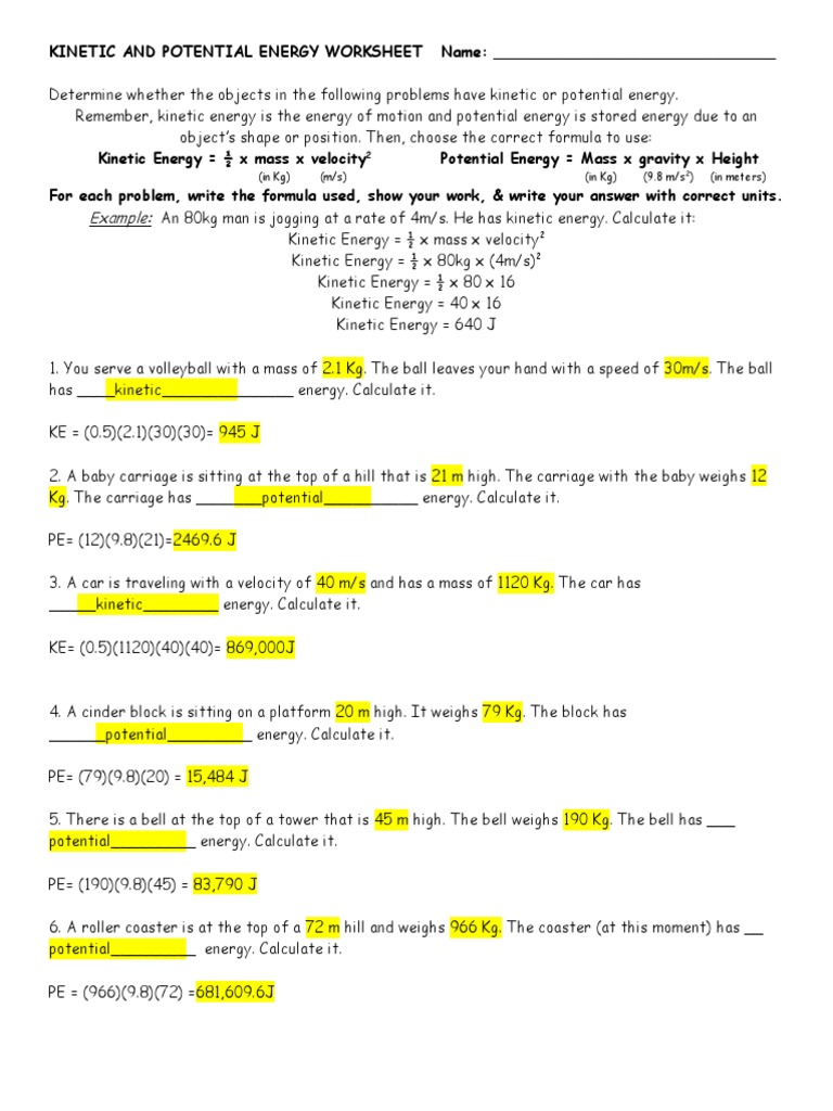 Kinetic And Potential Energy Worksheet Examples Key 2 Pdf Kinetic Energy Potential Energy