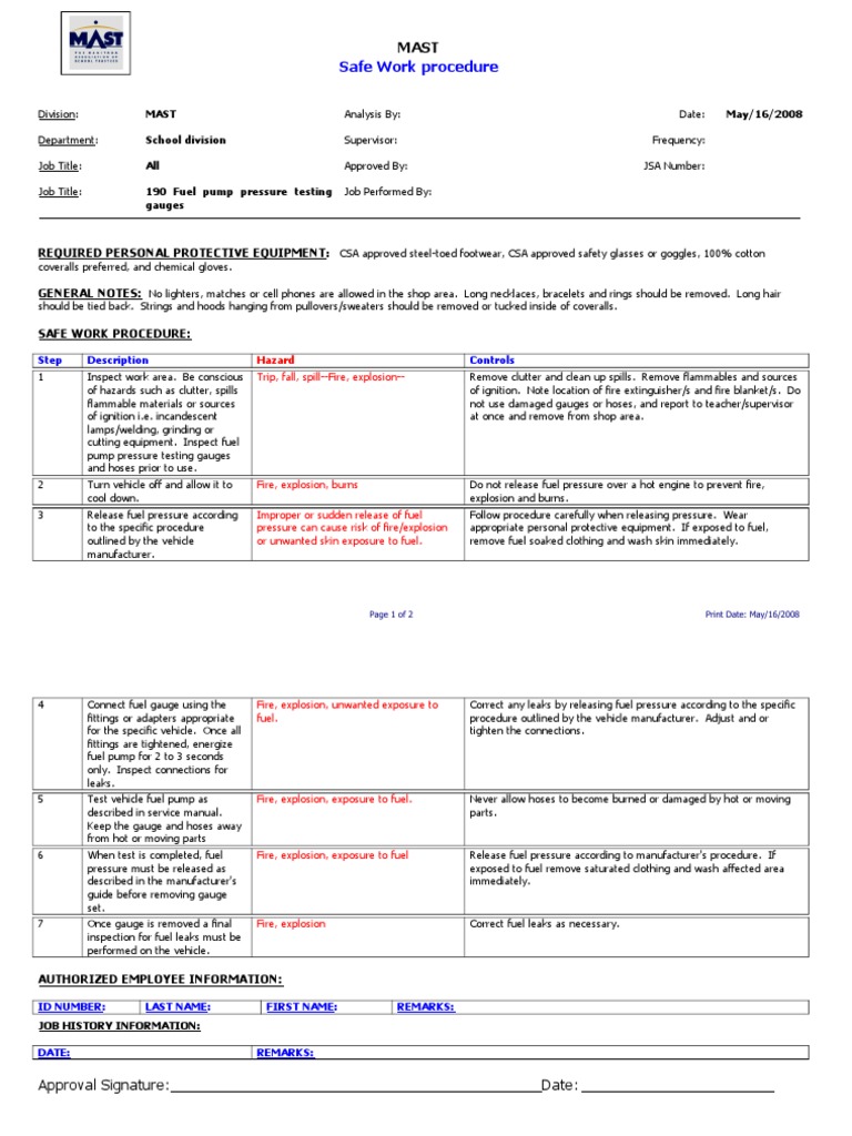 190 Fuel Pump Pressure Testing gaugesJOB PROCEDURE PDF Fires