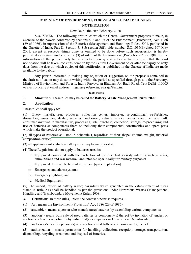 Battery Waste Management Rules 2020 (Draft) PDF PDF Rechargeable