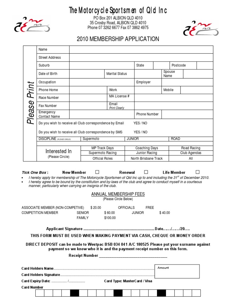 2010 QLD Motorcycle Sportsmen Membership Form | PDF | Motorsport | Business