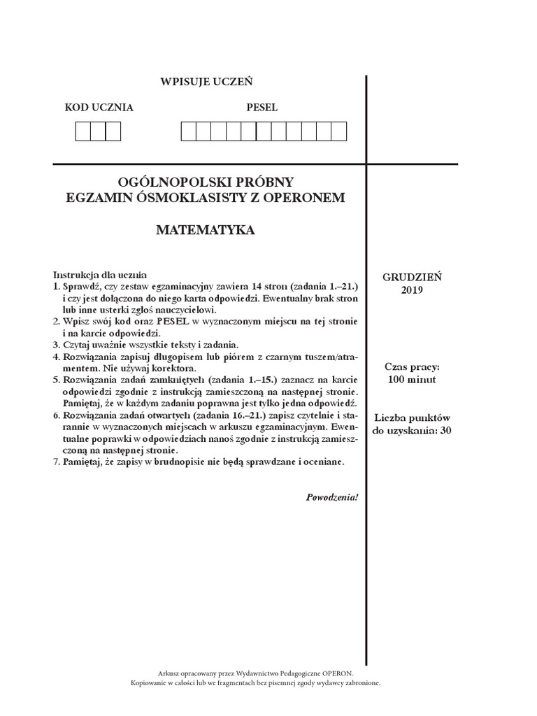 Próbny Egzamin 8 Klasisty Matematyka Operon