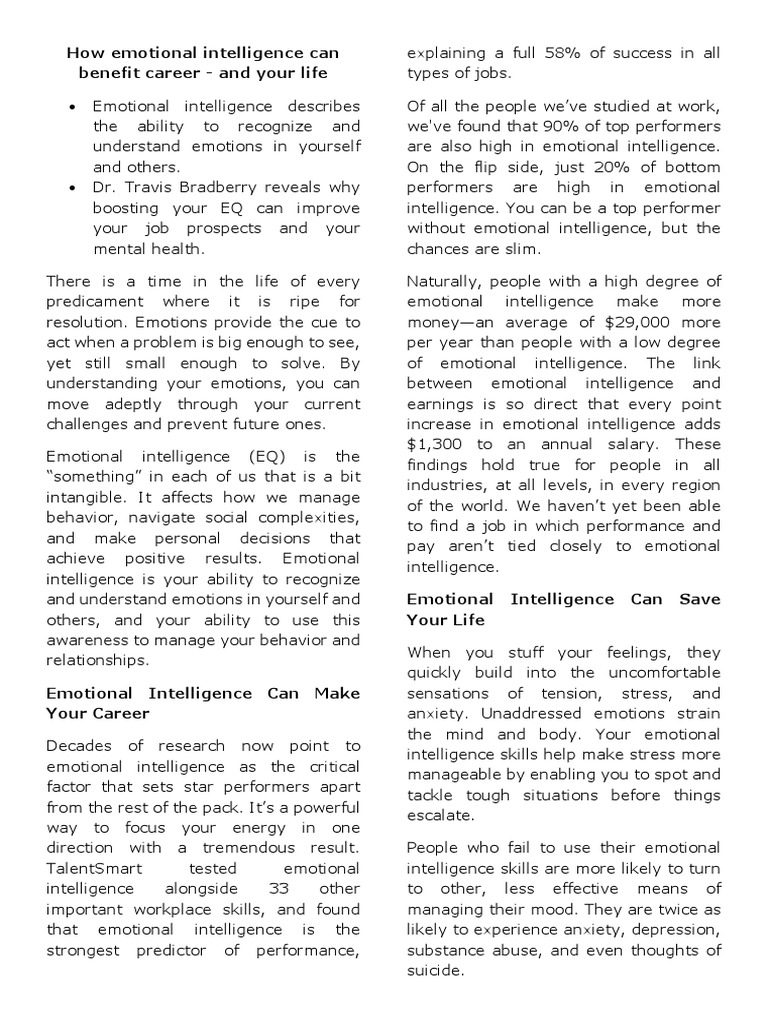 How Emotional Intelligence Can Benefit Career Pdf Emotional Intelligence Stress Biology