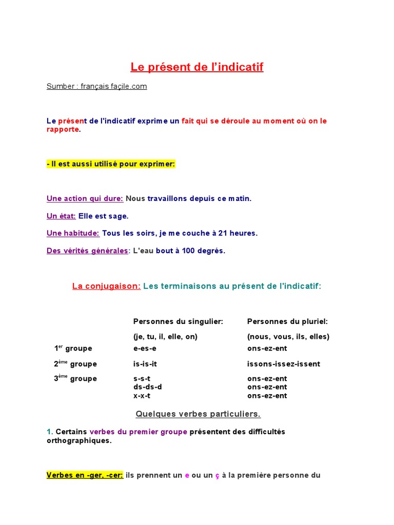 Présent De L indicatif Exercices Francais Facile Le Présent de L'indicatif | PDF | Nombre grammatical | Verbe