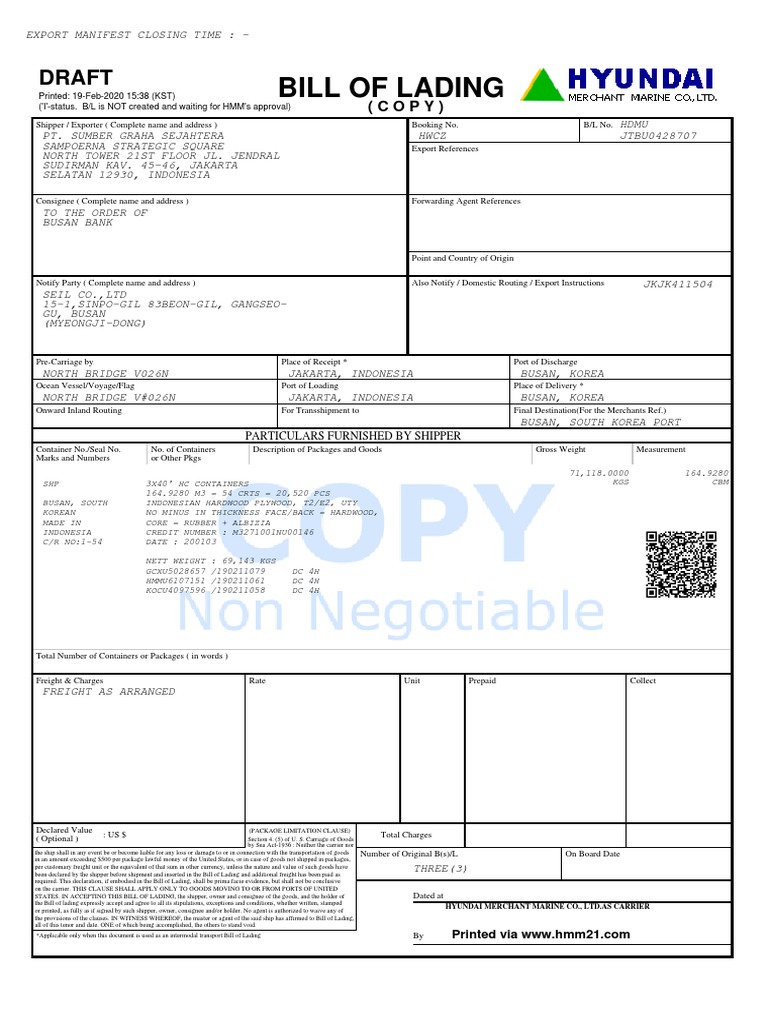 Draft Bill of Lading Template | PDF | Bill Of Lading | Cargo
