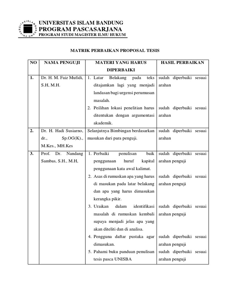 Matriks Perbaikan Proposal Tesis | PDF