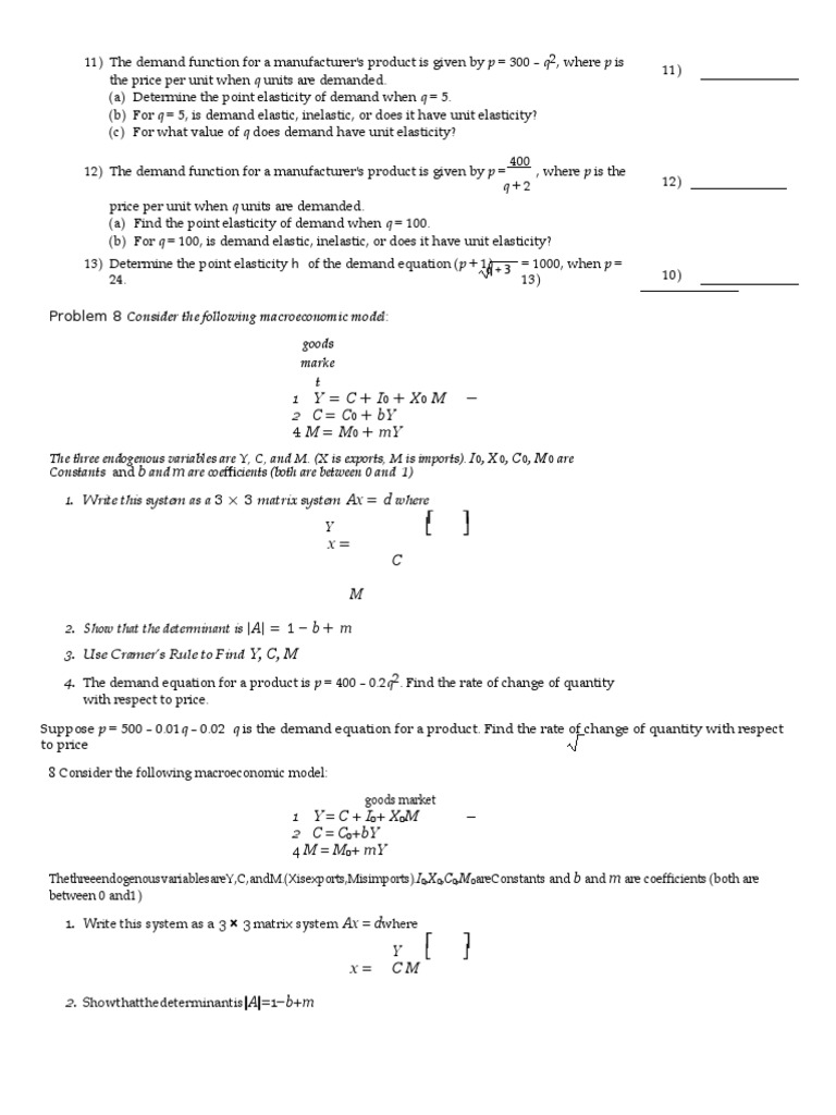 Mathematical Economics Assignment Questions Price Elasticity Of Demand Demand