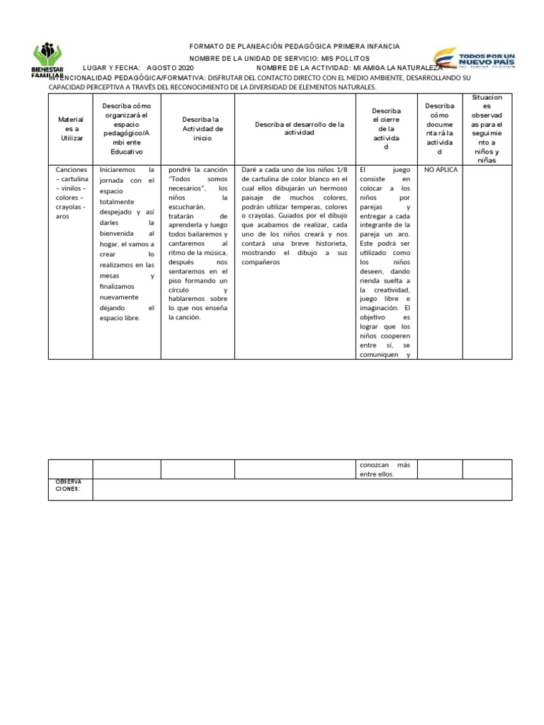Formato de Planeación Pedagógica Primera Infancia | PDF