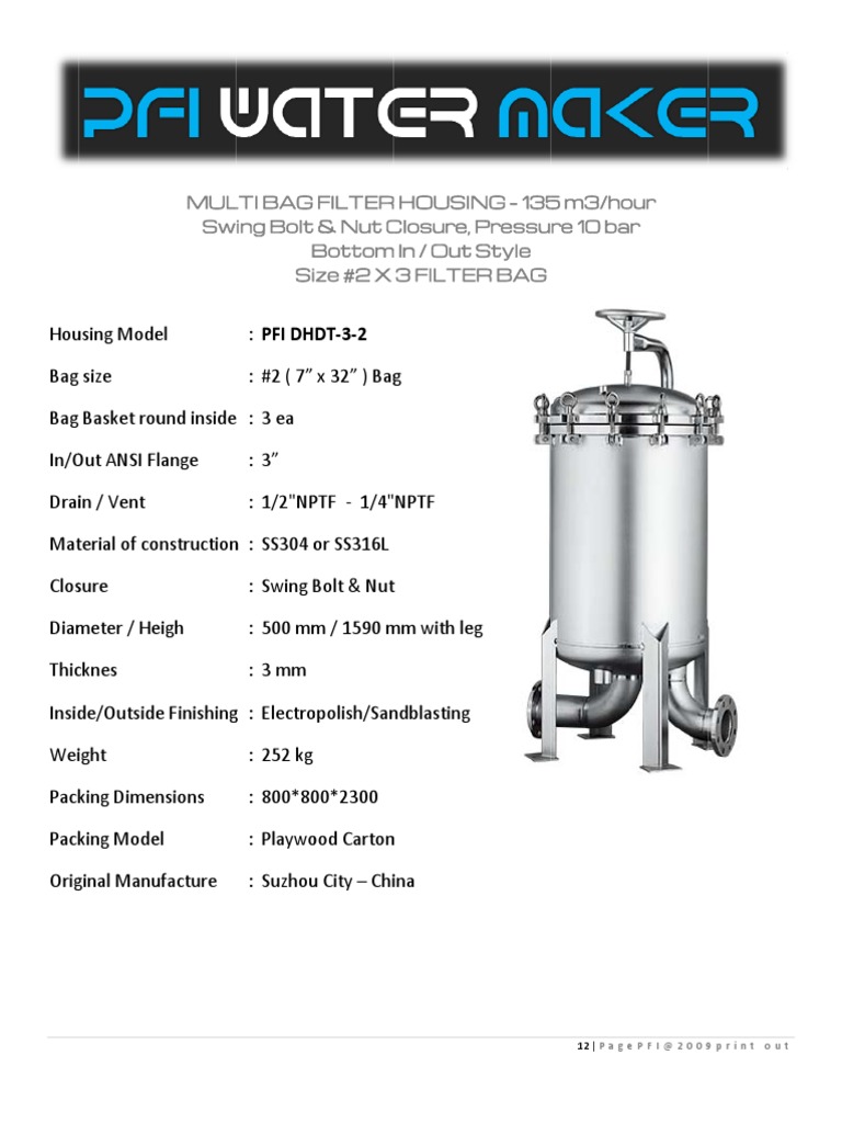 PFI DHDT-3-2 MULTI BAG FILTER HOUSING Data Sheet | PDF