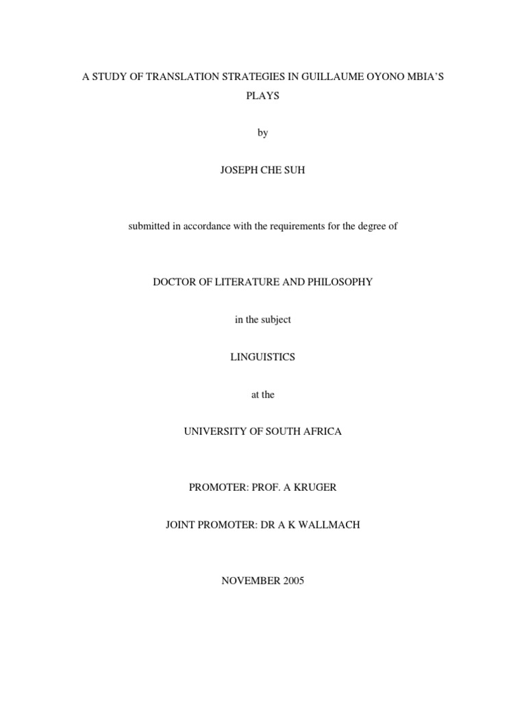 Joseph Che Suh - A Study Of Translation Strategies In Guillaume Oyono  Mbia's Plays | Pdf | Translations | Sociology
