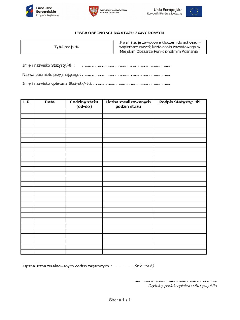 Lista Obecności Staż - Wzór | PDF