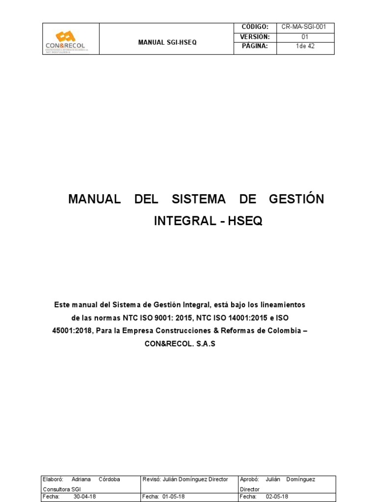 Manual Del Sistema de Gestión Integral Conrecol | PDF | Seguridad y ...