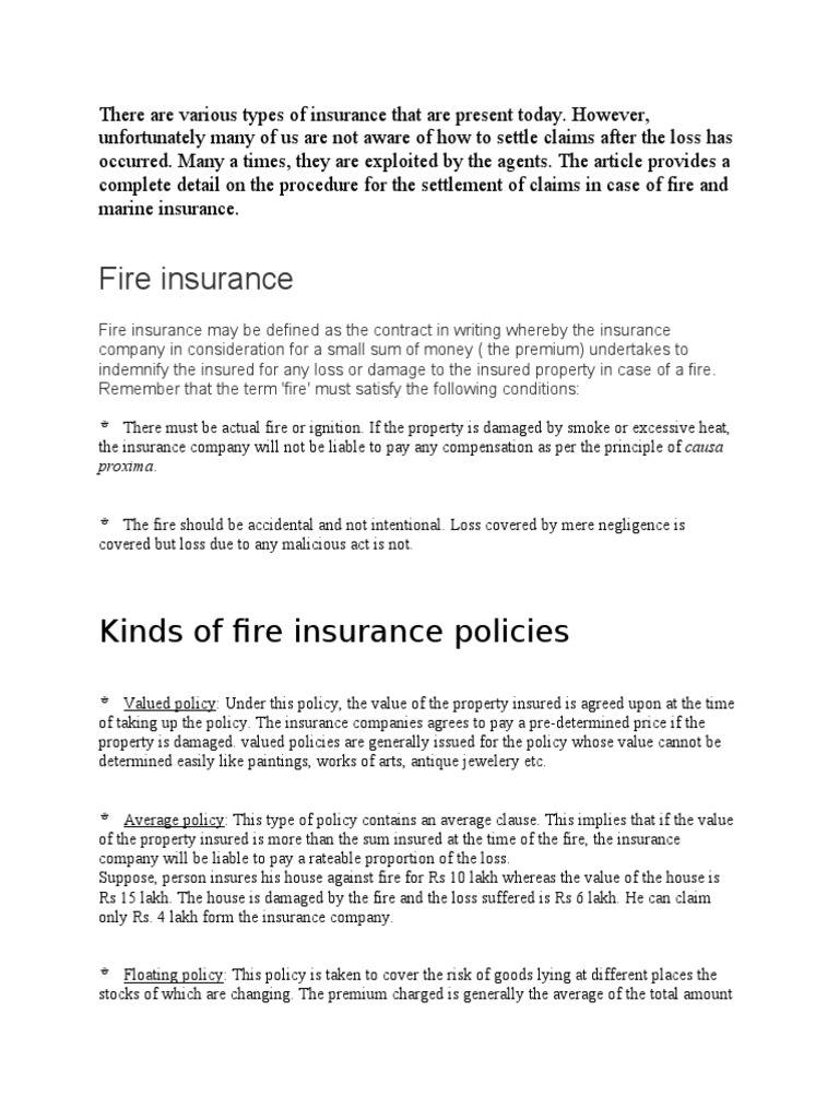 1.Procedure For Settlement of Claim Under Fire Insurance. 2