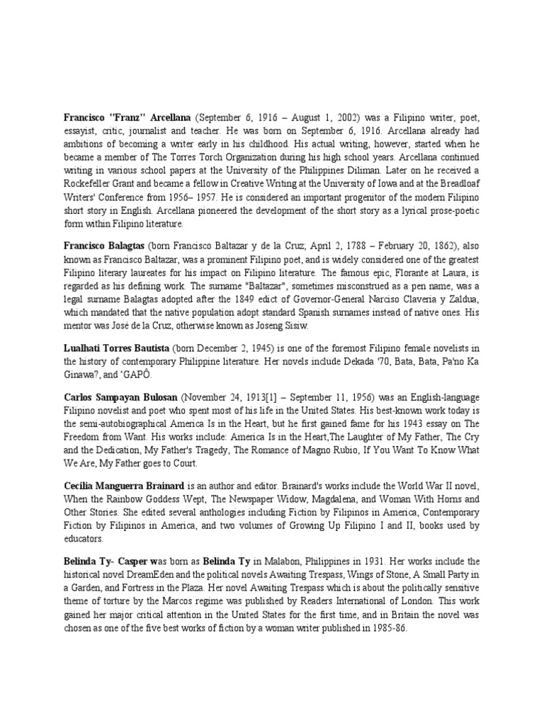 Filipino Writers Francisco Arcellana, Balagtas, Lualhati Torres & More ...
