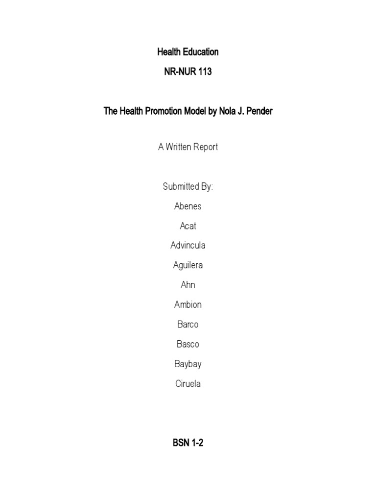Health Promotion Model Nola J. Pender | PDF | Self Efficacy | Behavior