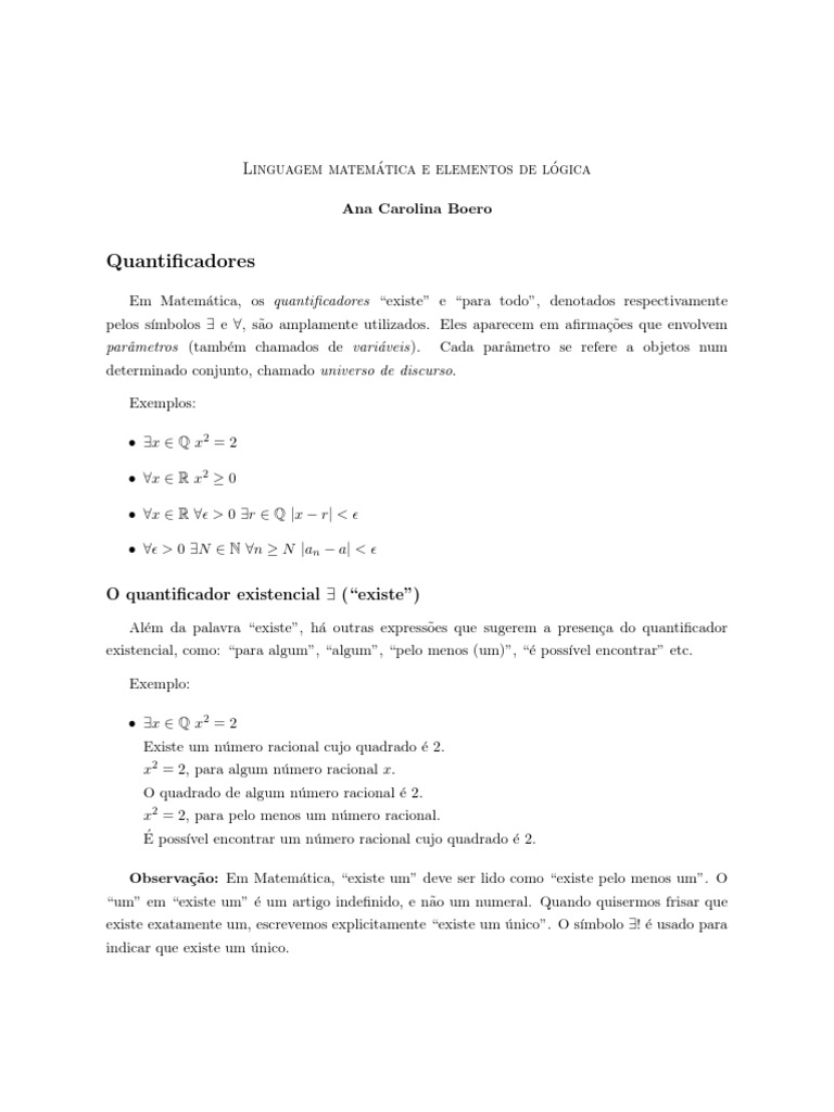 Quantiﬁcadores na Linguagem Matemática | PDF | Números | Argumento