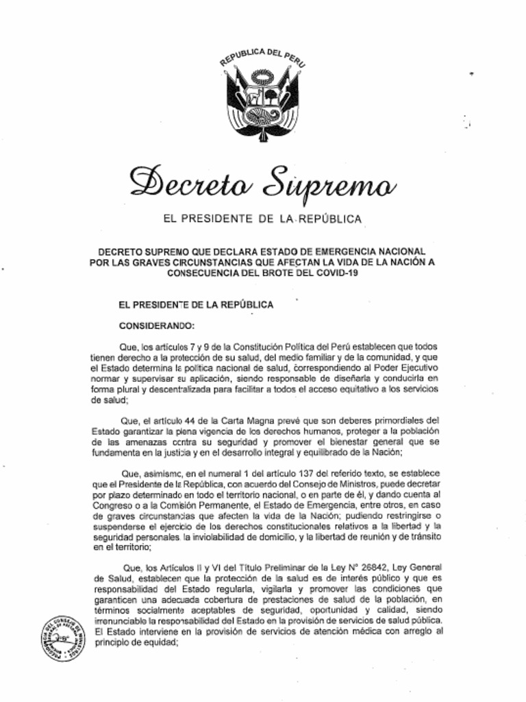 Decreto Supremo Que Declara Estado de Emergencia Nacional Por El COVID ...