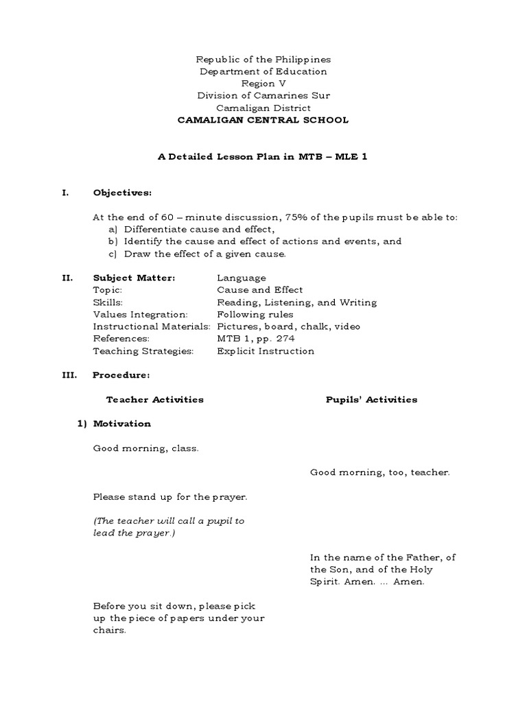 MTB-MLE Grade 1 Lesson Plan: Cause & Effect | PDF | Lesson Plan | Explosion