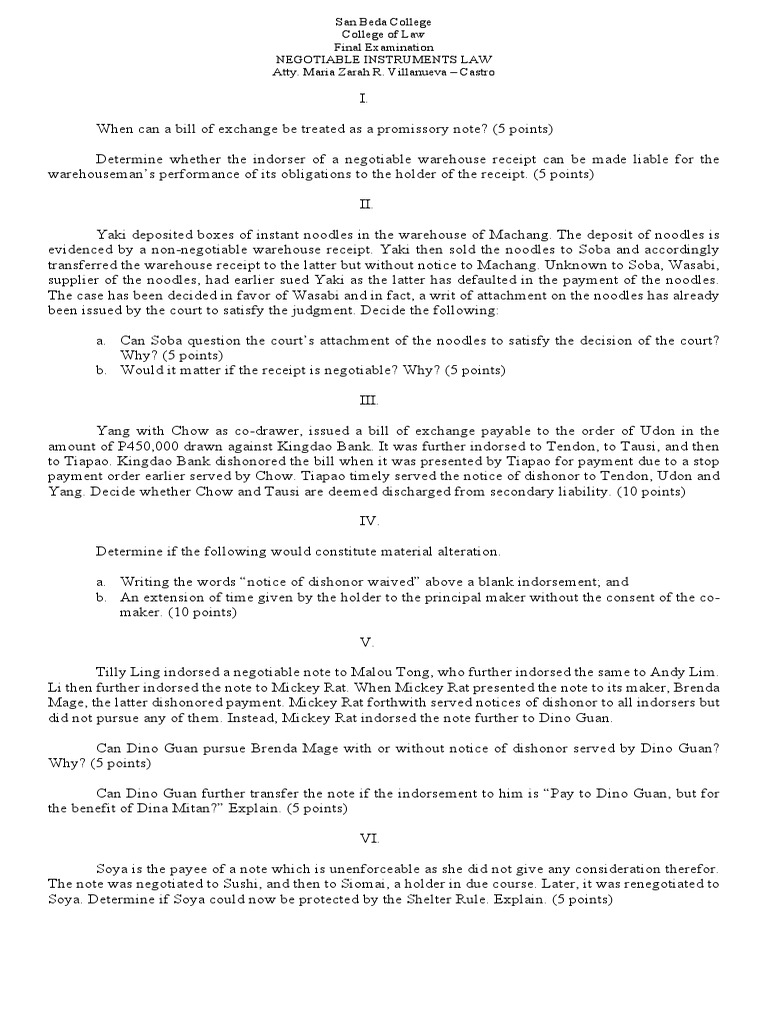 Rights and Obligations Arising from Negotiable Instruments A